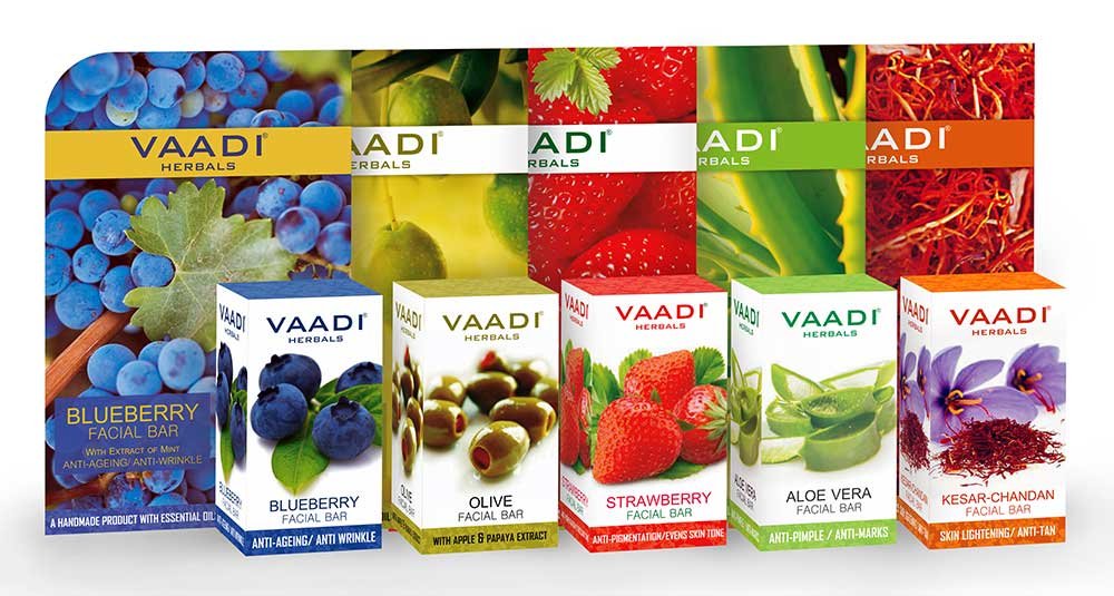 Vaadi Herbals Assorted Facial Bars, 25g (Pack of 5) and Vaadi Herbals Elbow Foot Knee Scrub Soap with Almond and Walnut Scrub, 75g x 3