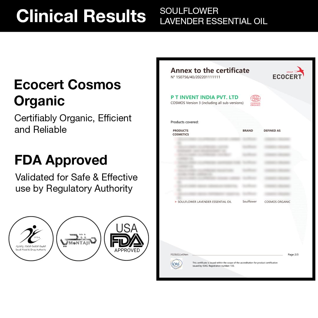 Soulflower Lavender Essential Oil for Healthy Hair & Growth, Skin, Hair Fall Control and Relaxing Sleep| Lavandula Angustifolia | Ecocert Certified Organic 100% Pure, Natural, Undiluted | 10ml