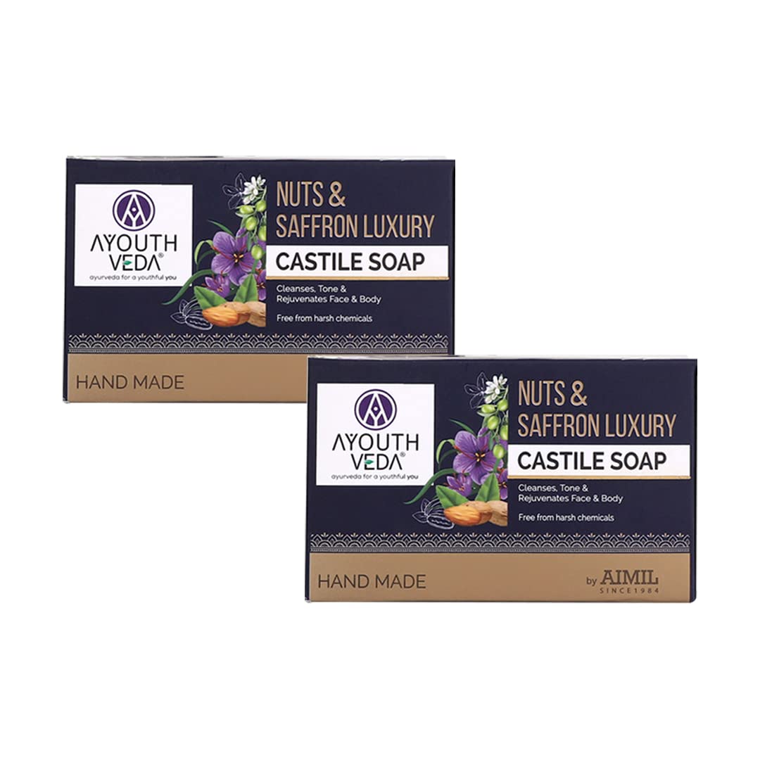 Ayouthveda Nuts & Saffron Luxury Castile Soap | CleanseTones & Rejuvenates Skin | Natural & Herbal Soap With Goodness Of SaffronAlmond & Olive Oil | Without Harmful Chemicals (Pack Of 2-100g each)