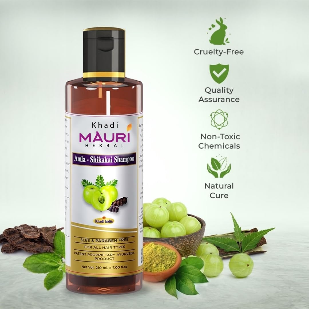 Khadi Mauri Herbal Amla Shikakai Shampoo - Strengthens Roots & Hair Follicles, Repairs Damage & Fights Hairfall - Enriched with Natural Ingredients - 210 ML