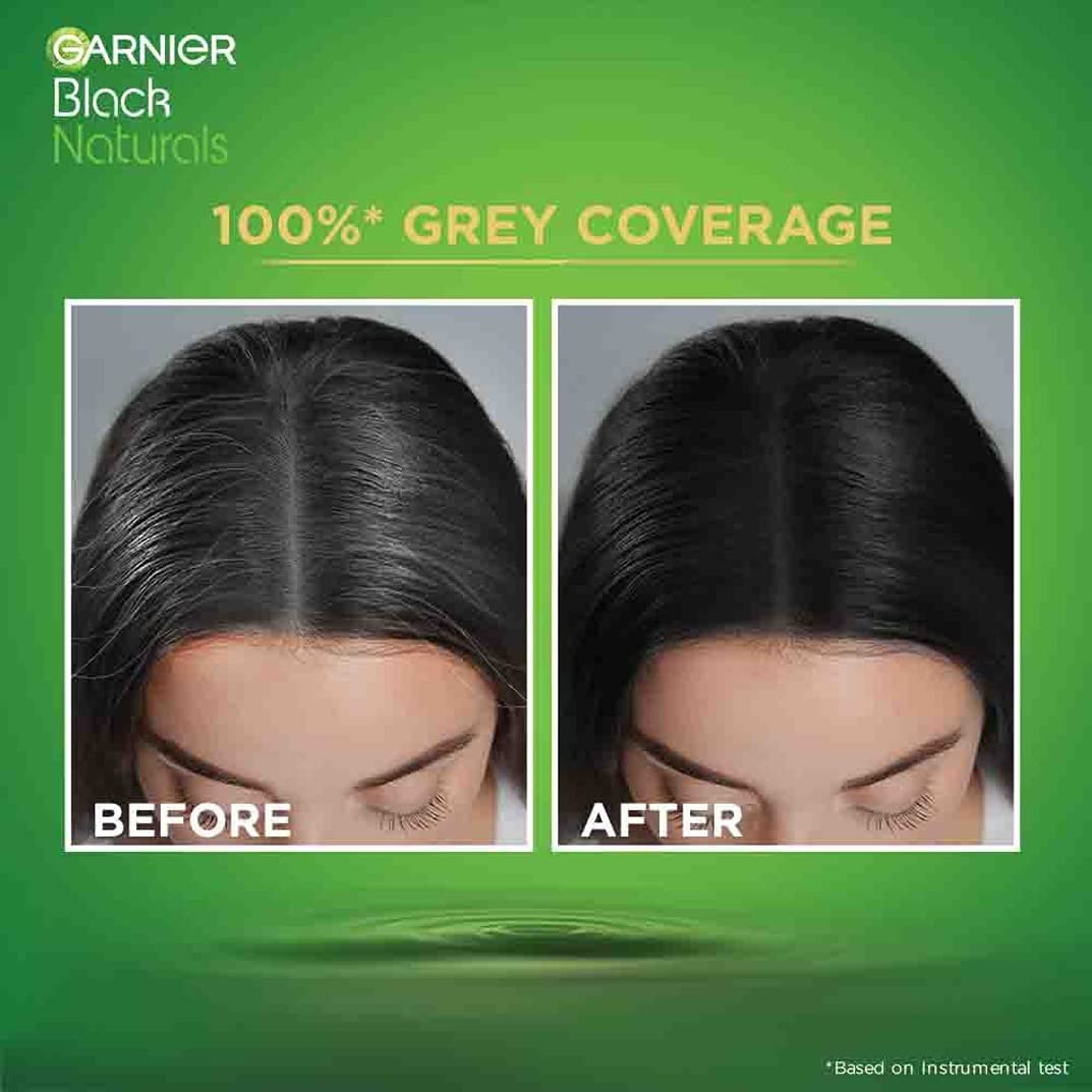 Garnier, Hair Colouring Crème, 100% Grey Coverage, Softening and Increased Shine, Black Naturals, 1.0 Deep Black, 20g + 20ml