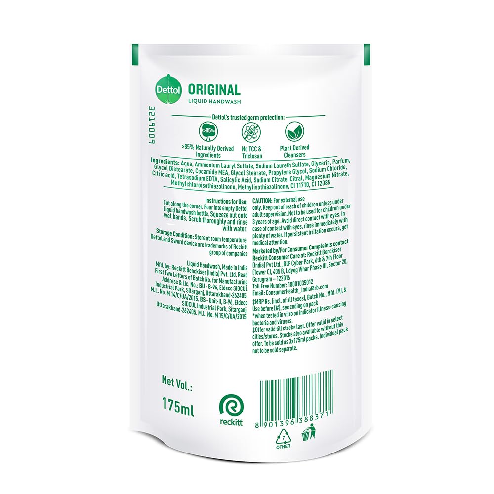 Dettol Original Handwash Liquid Soap Refill, 175ml | Germ Defence Formula | 10x Better Germ Protection