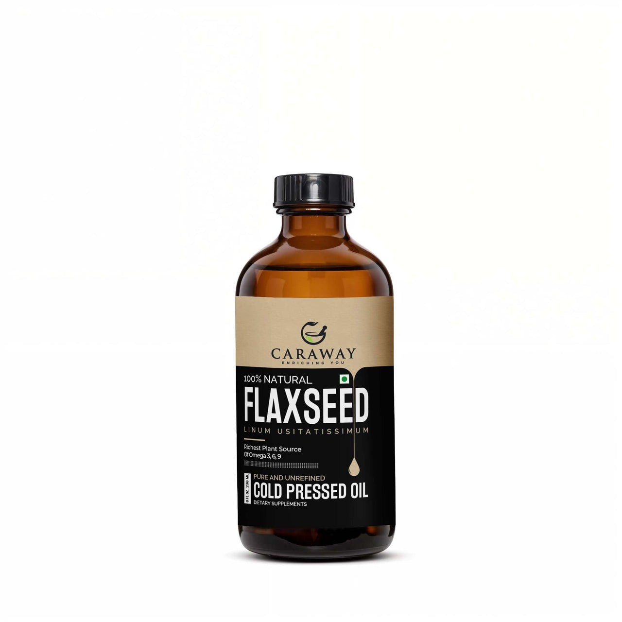 CARAWAY Certified Organic Cold pressed Flaxseed Oil 1000mg Vegan Omega 3 6 9 Supports Skin, Joint, Hair Brain, Muscles And Bones- 236 ML / 8 oz