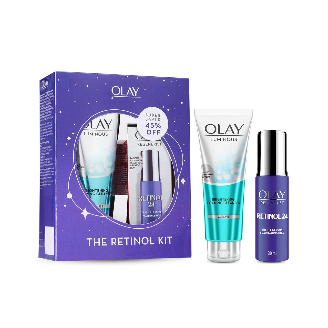Olay Retinol Kit For Overnight Repair | Retinol Serum With Free Cleanser | Plumper, Younger Looking Skin | 24H Hydration | Fragrance Free | Normal, Oily,Dry,Combination Skin |Pack Of 2