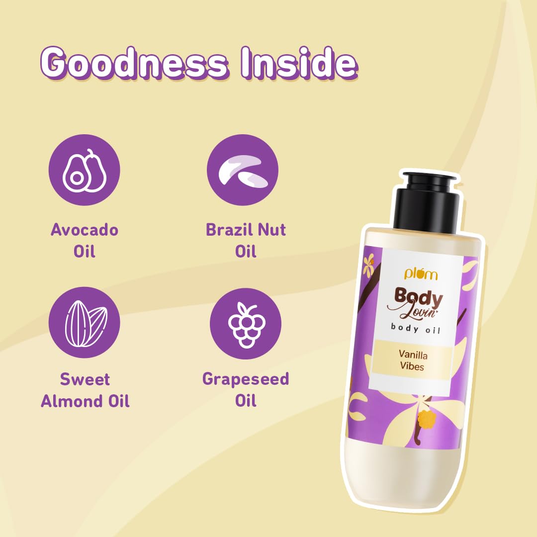 Plum BodyLovin' Vanilla Vibes Body Oil | Intense Moisture & Instant Glow | Long Lasting Warm Vanilla Fragrance | Non-Greasy & Lightweight | Soft & Nourished Skin | For Dry To Very Dry Skin - 200ml