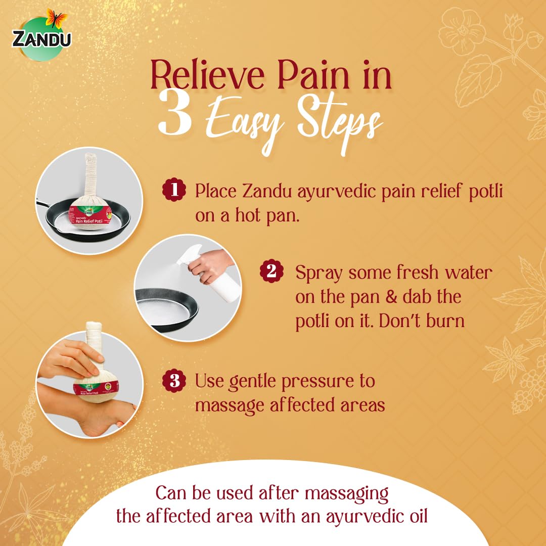 Zandu Ayurvedic Pain Relief Potli | 100% Ayurvedic Manual Massager Potli | 17 Herbs to Soothe Pain, Knee, Back, Legs | Reduces Joint & Muscular Pain | Improves Blood Circulation for Men & Women | 180g