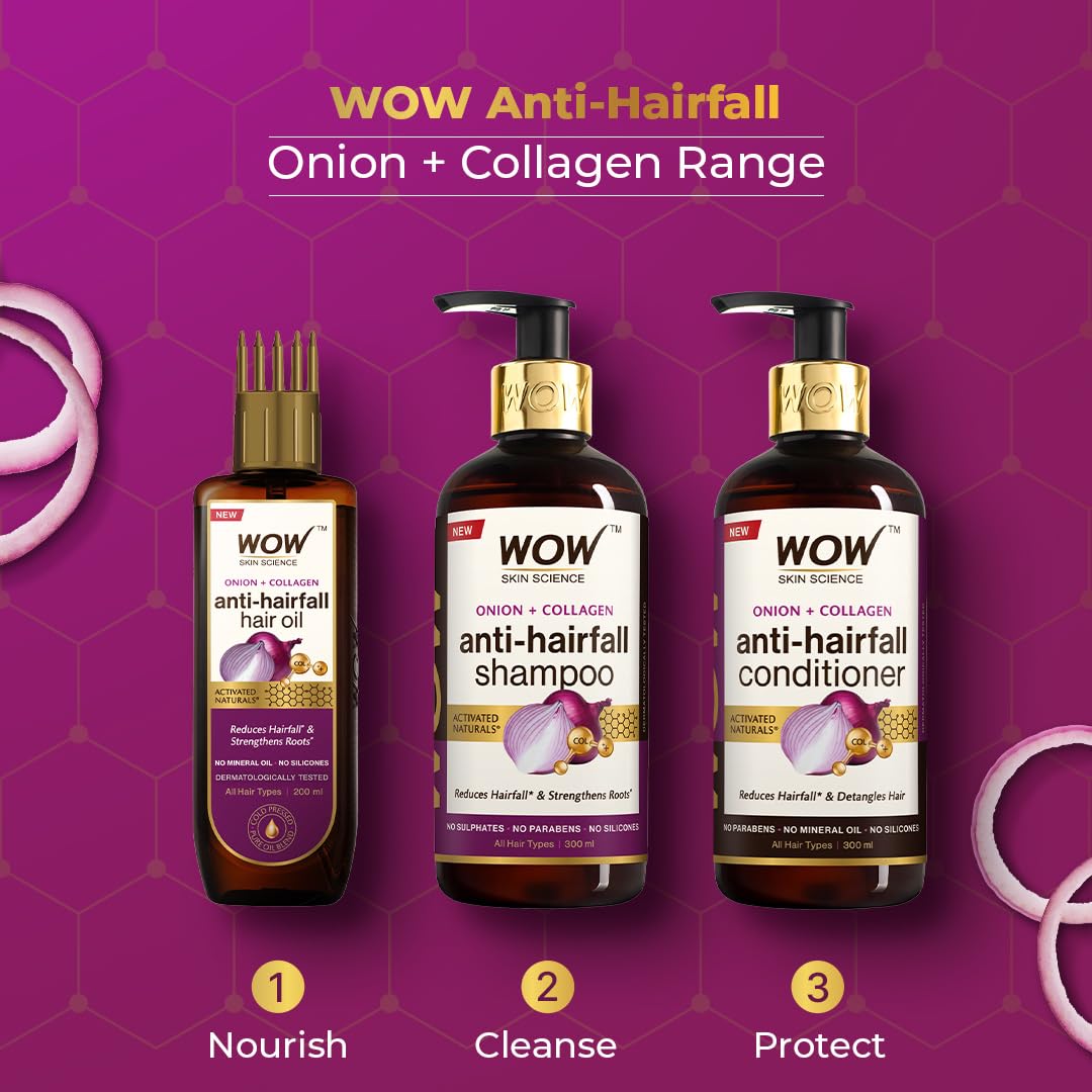 WOW Skin Science Onion & Collagen Anti-Hairfall Shampoo|Reduces Hairfall|Strengthens Roots|Nourishes Scalp|Prevents Breakage|Enhances Hair Thickness and Shine|New & Improved Formulation|300ml