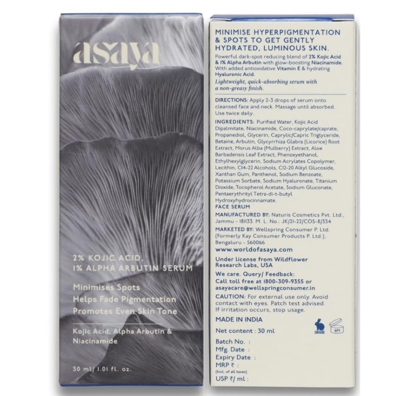 Asaya 2% Kojic Acid Serum | 1% Alpha Arbutin & Niacinamide for Hyperpigmentation | Reduces Dark Spots, Scars & Marks | Made with Dermatologists | Non-irritating | Uneven Skin Tone | Anti-pigmentation Face Serum For Men & Women | Oily, Dry & Sensitive Skin