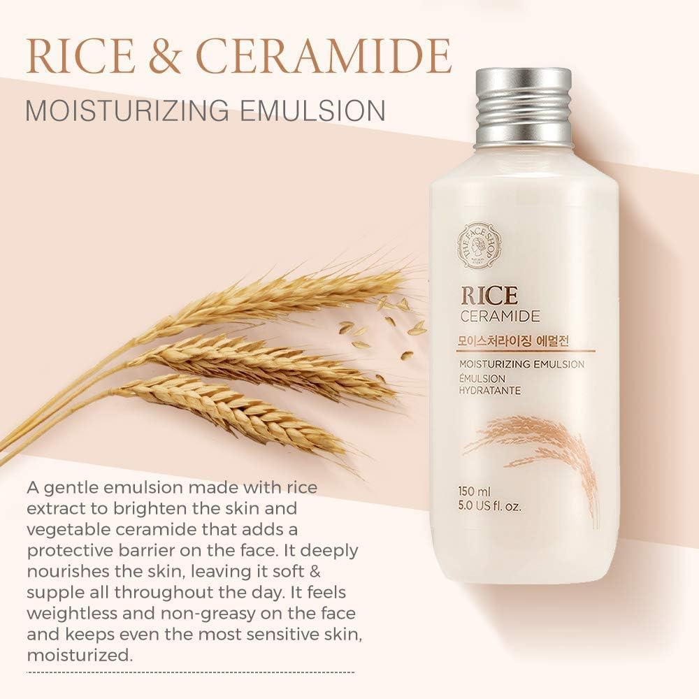The Face Shop Rice&Ceramide Moisturizing Emulsion With Rice Extracts|Light Weight Emulsion|Locks Moisture For 12 Hours,For Soft And Glowing Skin |Korean Beauty Products For All Skin,150Ml,Liquid