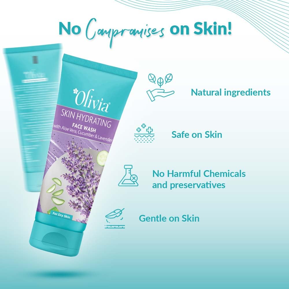Olivia Hydrating Face Wash With Aloe Vera Cucumber And Lavender | Face Wash For Dry Skin, Normal Skin & Sensitive Skin | Gently Cleanses Skin From Dirt & Oil, Paraben Free - 100Ml