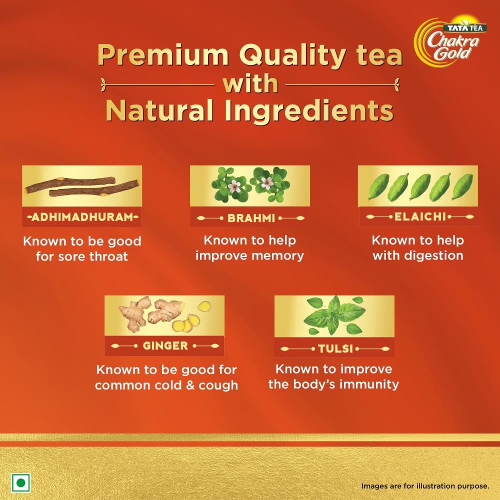 Tata Tea Chakra Gold Care | Goodness Of Five Natural Ingredients | Brahmi, Ginger, Tulsi, Elaichi & Adhimadhuram | Flavoured Black Tea | Powder, 500 Grams