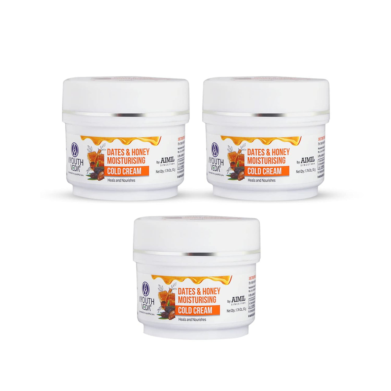 Ayouthveda Dates & Honey Moisturising Cold Cream| Deep Nourishing & Skin Hydrating Moisturizer | Removes Skin Dryness With Fast Observing & Non-Greasy Solution (Pack of 3-50g each)
