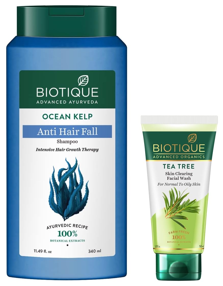 Biotique Bio Kelp Protein Shampoo for Falling Hair Intensive Hair Regrowth Treatment, 340ml & Biotique Tea Tree Skin Clearing Normal to Oily Skin Face Wash, 150 ml