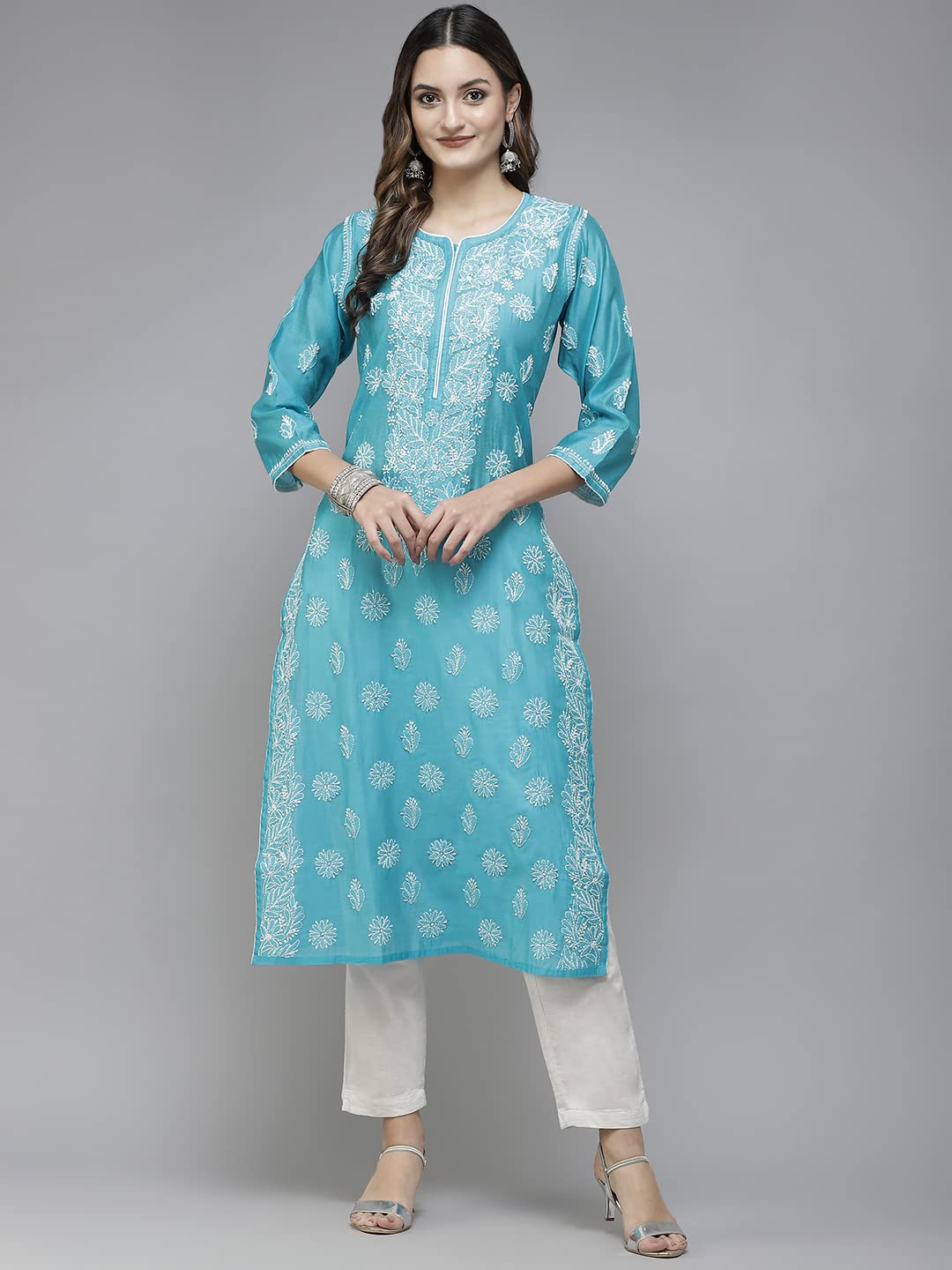 Ada Hand Embroidered New Lucknowi Chikankari Chanderi Kurta Kurti for Women A411175