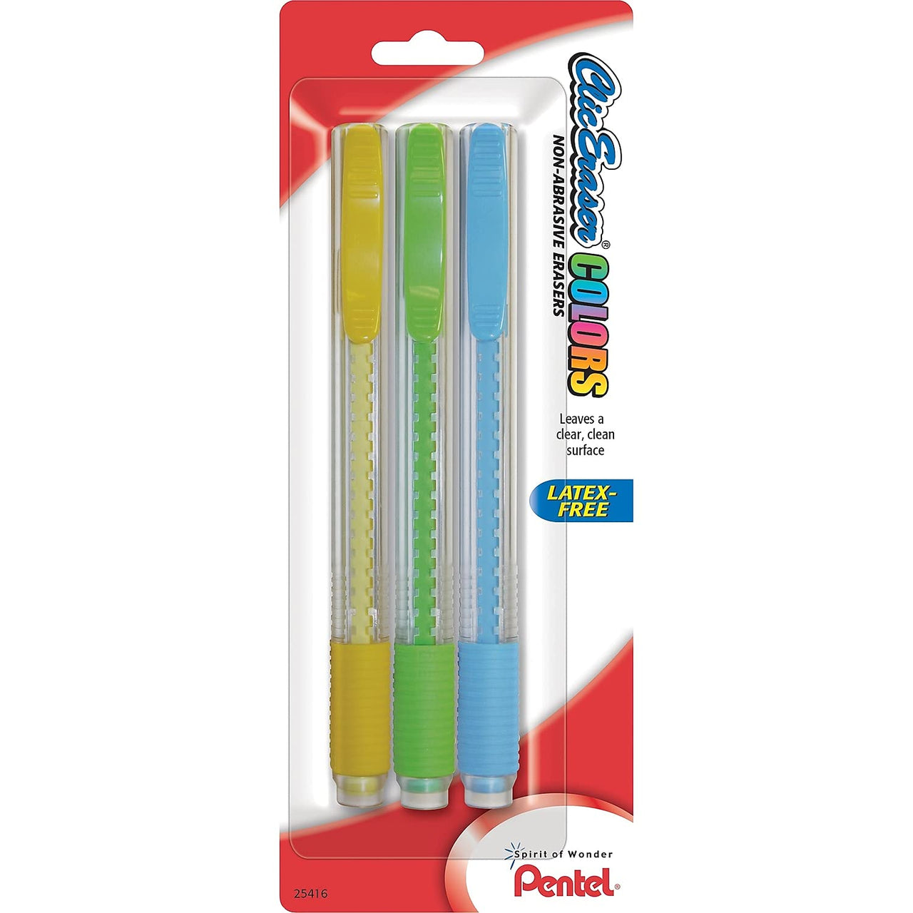 Pentel Clic Eraser Grip Retractable Eraser with Grip Fashion Barrel Colors 3-Pk