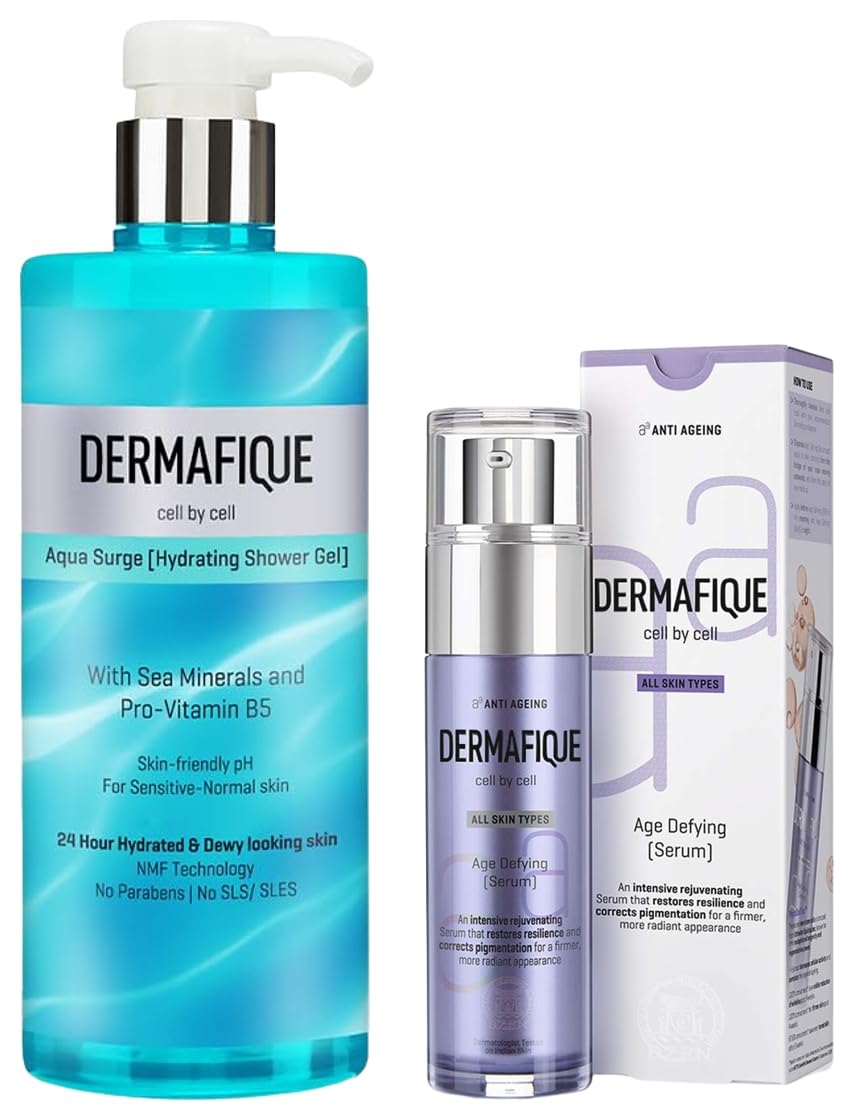 Dermafique Aqua Surge Body Wash Shower Gel 500ml Bodywash for Hydrated Skin Skin Friendly pH Free With Natural Moisturizing Factor Technology Age Defying Face Serum with Vitamin E – 50g