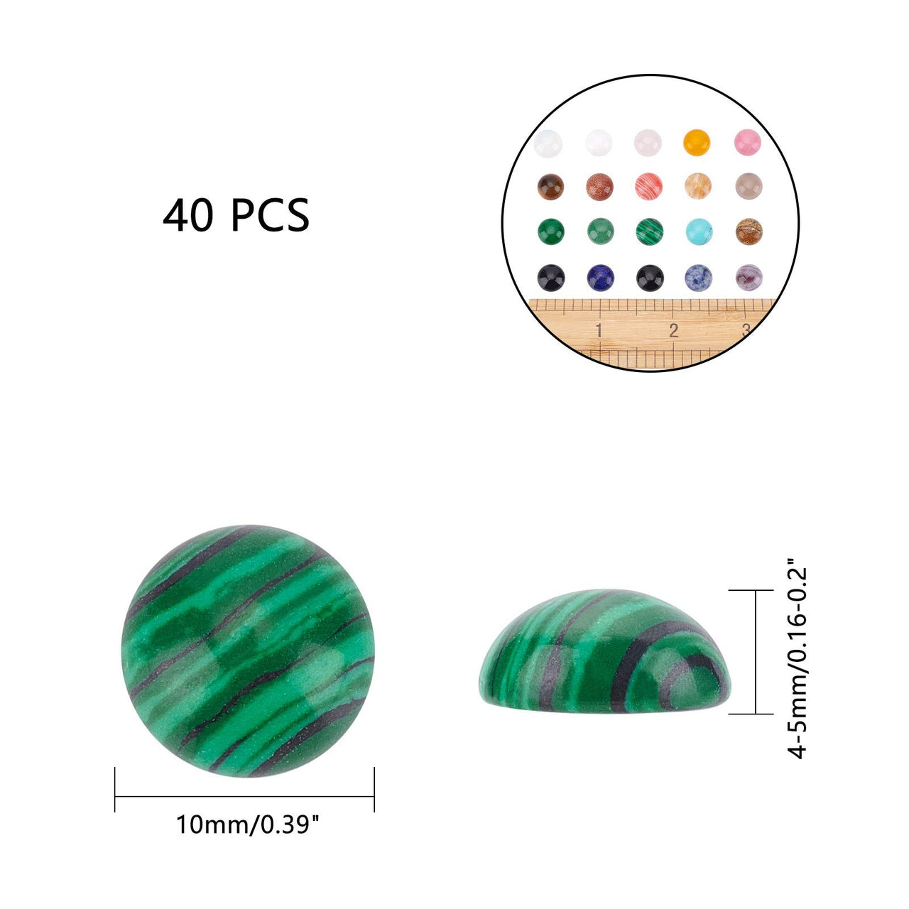 SUPERFINDINGS 40pcs 10mm Half Round Natural Cabochon 20 Color Flat Back Gemstone Cabochon Healing Quartz Chakra Crystal Stone for Bracelet Necklace Jewelry Making 40pcs 20 Colors