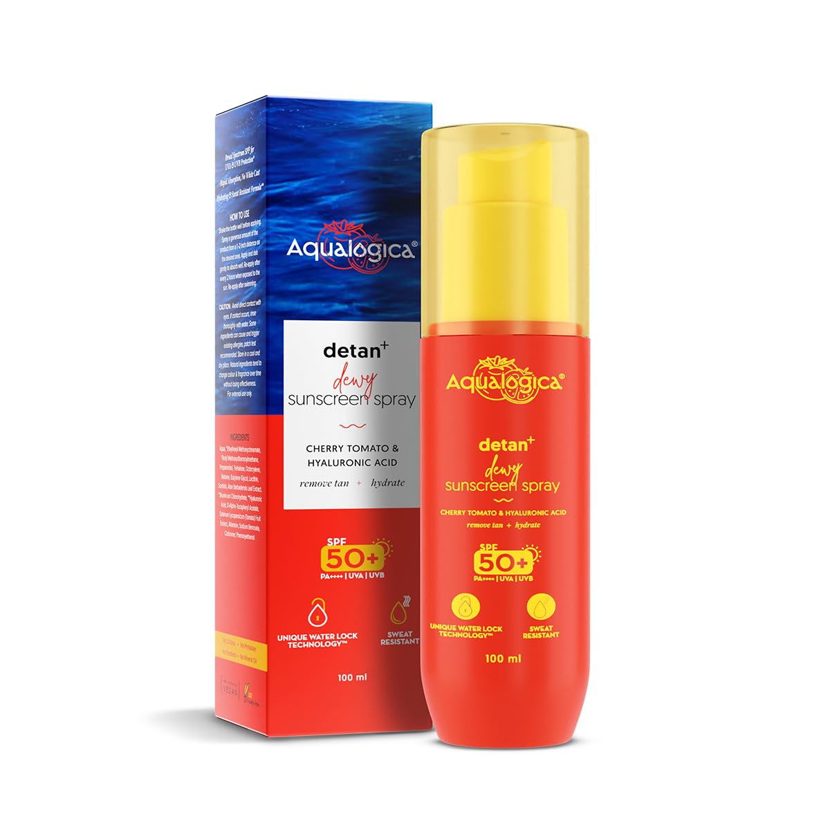 Aqualogica Detan+ Dewy Sunscreen Spray For All Skin Types | Mess-Free Application I Hydrating & Sweat Resistant I Water-Light Texture | SPF 50+ PA++++ | For Men & Women | 100 ml