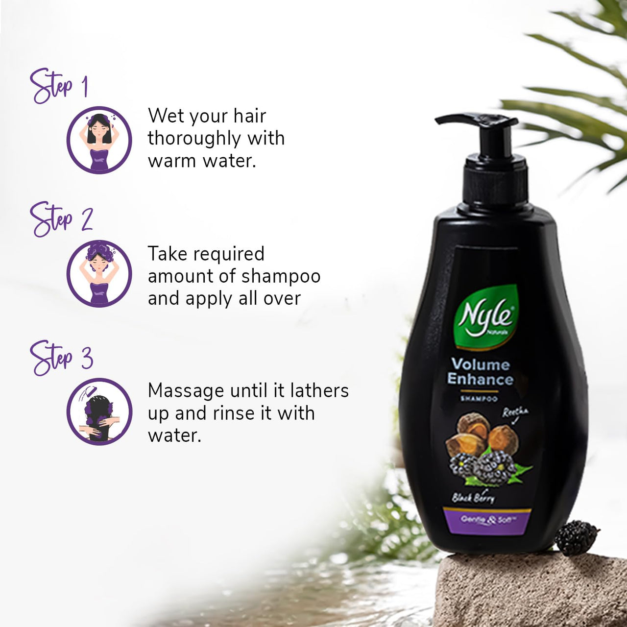 Nyle Naturals Volume Enhance Shampoo 1 L, For Long & Voluminous Hair with Blackberry, Reetha, & Amla | pH Balanced & Paraben Free Gentle & Soft Shampoo For Women & Men