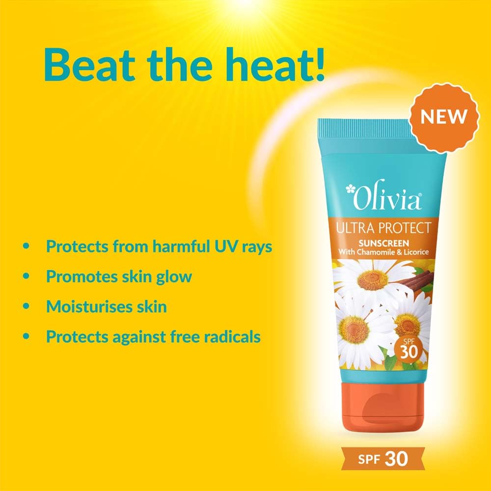 Olivia Sunscreen SPF 30 with UVA, UVB Protection | Sun Screen for Even-Toned Glowing Skin | No White Cast | Ultra Protect++ Sunscreen for Oily & Combination Skin | For Men & Women | 100g