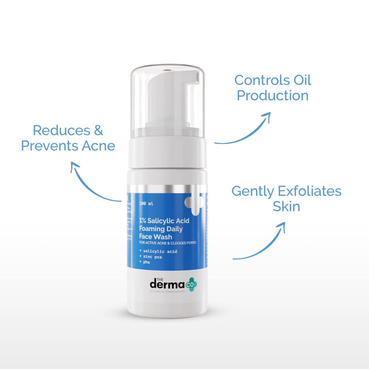 The Derma Co 1% Salicylic Acid Foaming Daily Face Wash with Salicylic Acid, Zinc PCA & PHA for Active Acne & clogged Pores - 100 ml Reduces Acne | Unclogs Pores