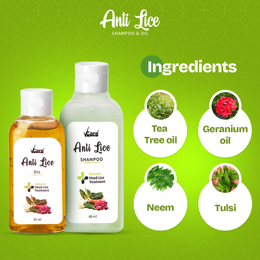 Vcare Anti Lice Shampoo and Oil Combo (Pack of 2), Removes Lice and Nits | Lice Treatment | Head Lice | Lice Egg Removal- 90ml