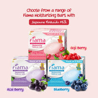 Fiama Moisturizing Soap Bar, Japanese Hokkaido Milk & Goji berry, Soap Pack of 3, Non-Sticky Moisturized Skin, 1/3rd Skin Moisturizers, Vitamin F, Fragrant Freshness