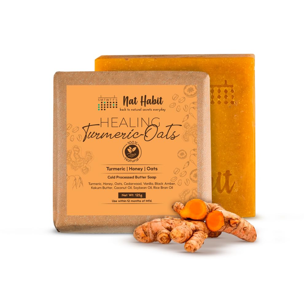 Nat Habit Handmade Healing Turmeric-Oats Butter Bath Soap With Cold Processed For Natural Exfoliation, Acne, Brightening, Skin Health & Tan Removal (125gm)