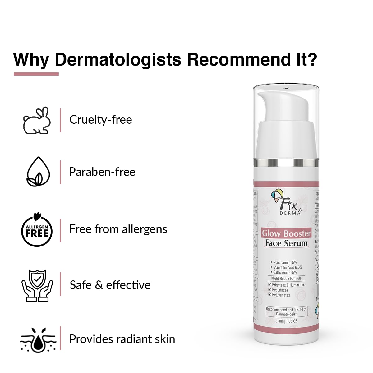 Fixderma 5% Niacinamide Serum Glow Booster Face serum with 6.5% Mandelic Acid & 0.5% Gallic Acid | Skin Brightening Serum | Face Serum for Men & Women - 30g