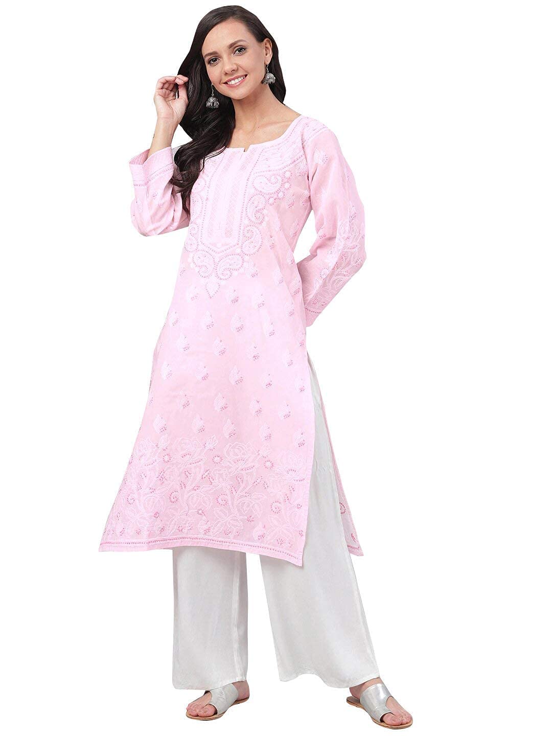 Ada Hand Embroidered Lucknowi Chikankari Straight Cotton Kurti Kurta for Women A220999 White 2XL