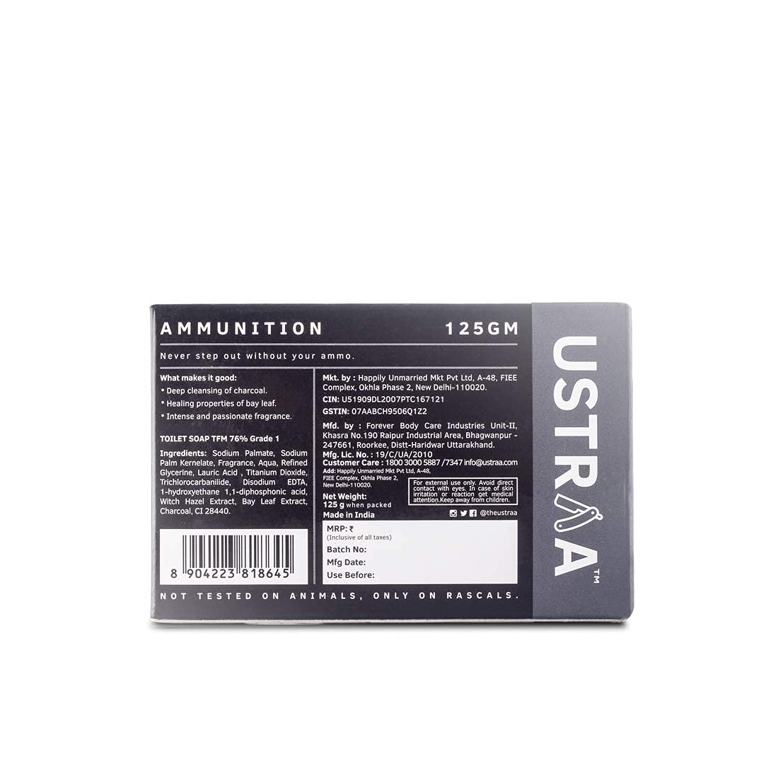 Ustraa Ammunition Cologne Soap with Charcoal & Bay Leaf, 3 x 125 gm (Pack of 3) | Clear, dirt-free skin with Activated Charcoal | Soap with Fragrance of Cologne