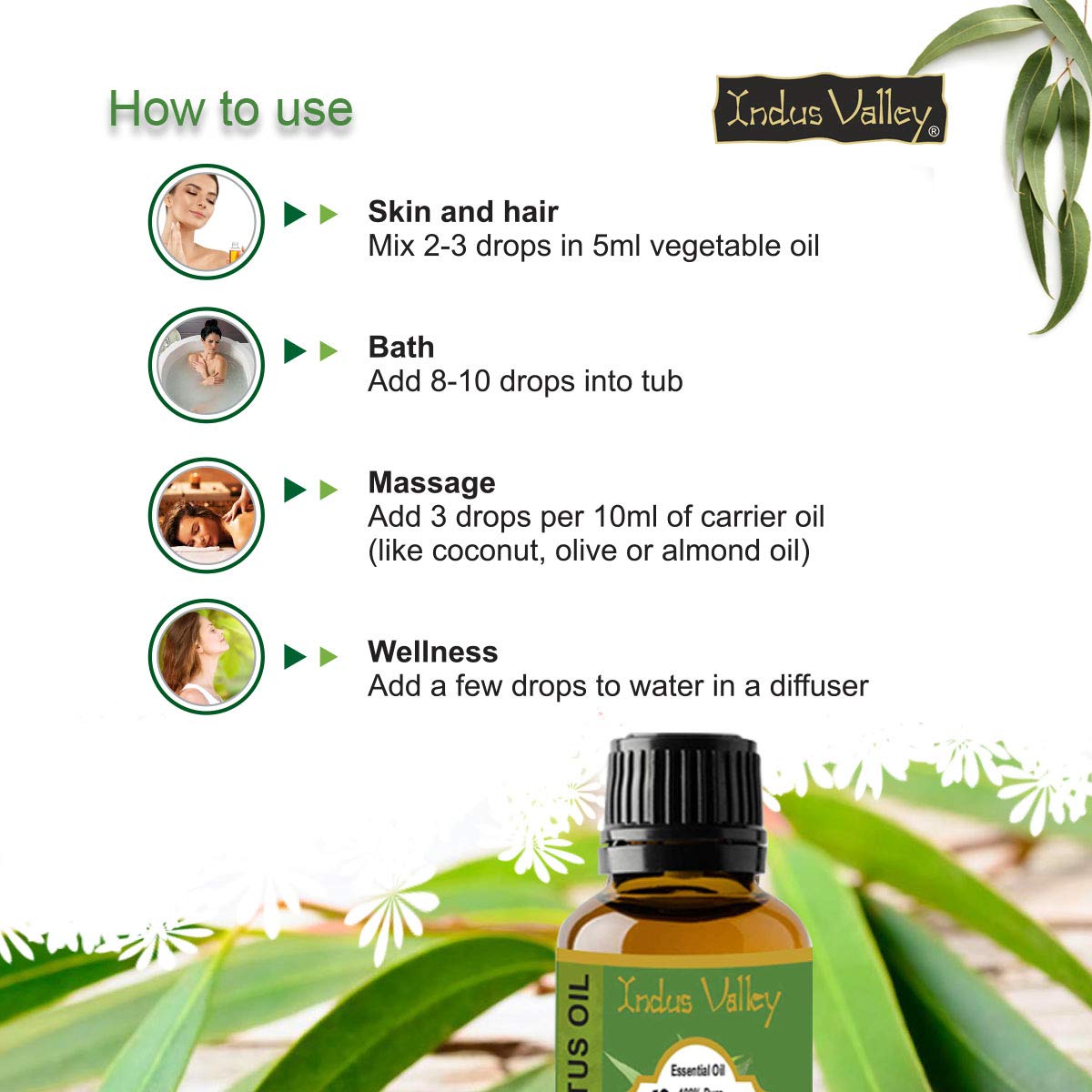 Indus Valley 100% Pure Natural & Organic, Undiluted Eucalyptus Essential Oil with Glass Dropper for Skin, Hair Care -15ml