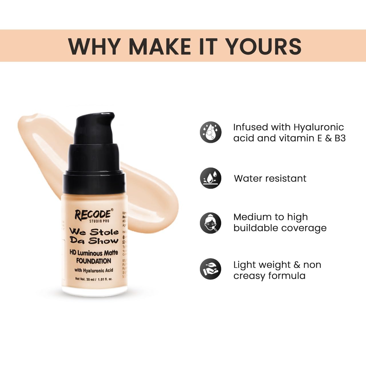 Recode HD Luminous Matte Foundation|30 ML|Alhind
