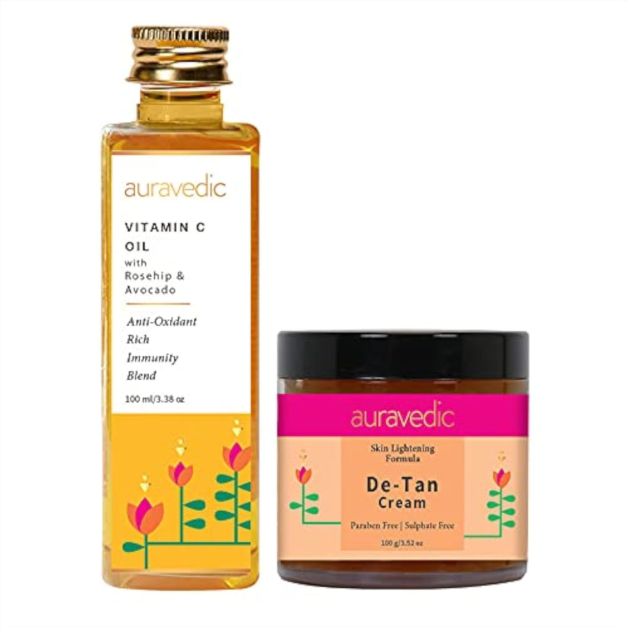 Auravedic Vitamin C Glow & De-Tan Combo, Face Oil (100ml) & De-Tan Cream (100gm) With Rosehip, Turmeric & Licorice,Brightening & Spotless Skin Care,Natural & Paraben-Free.