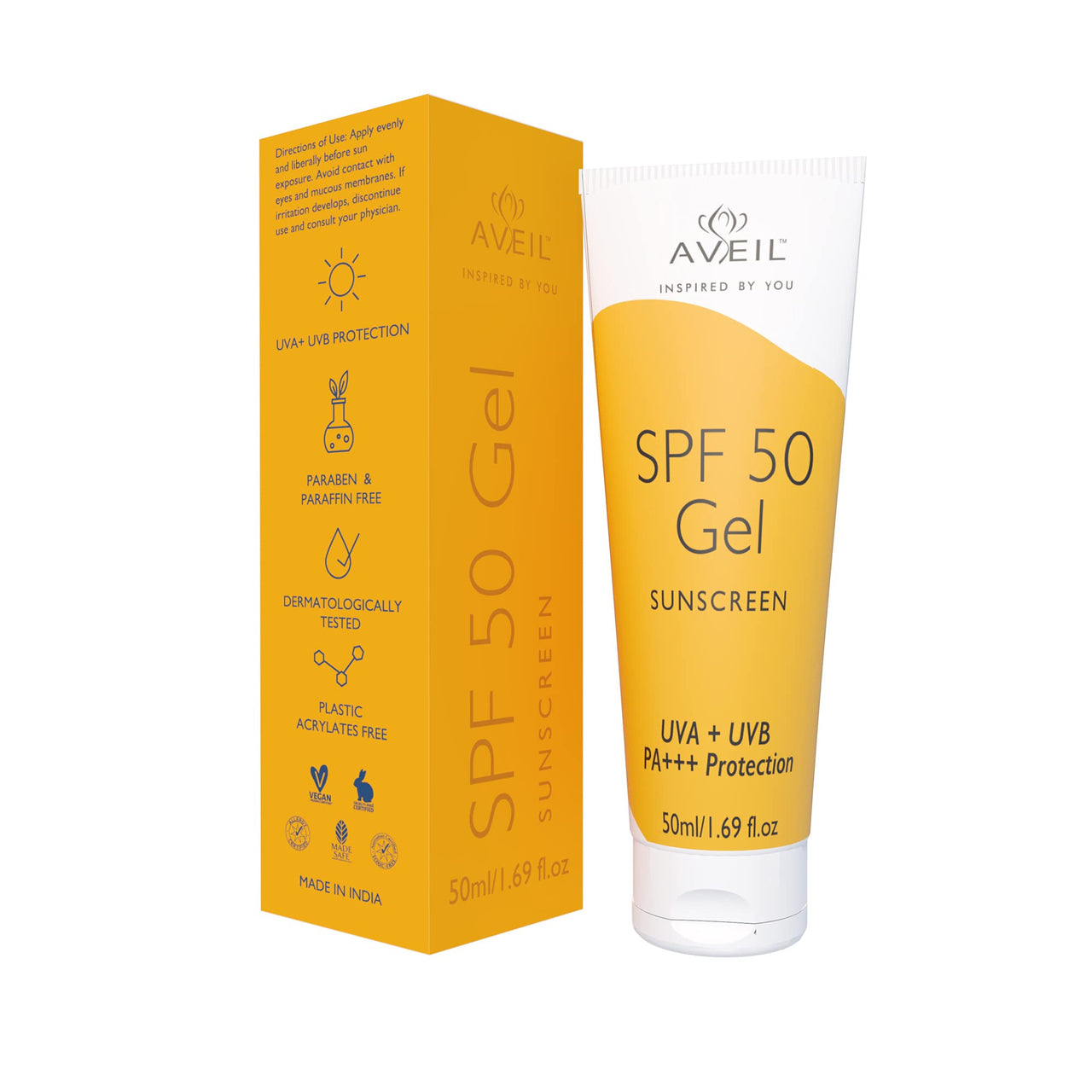 AVEIL Gel Sunscreen SPF 50 | Non-Greasy, Non-Absorbent & No White Cast | For All Skin Types | UVA, UVB, UV & Infrared Rays Protection | Skin Rejuvenating | Repairs from Photo-Ageing | Pack of 1-50ml