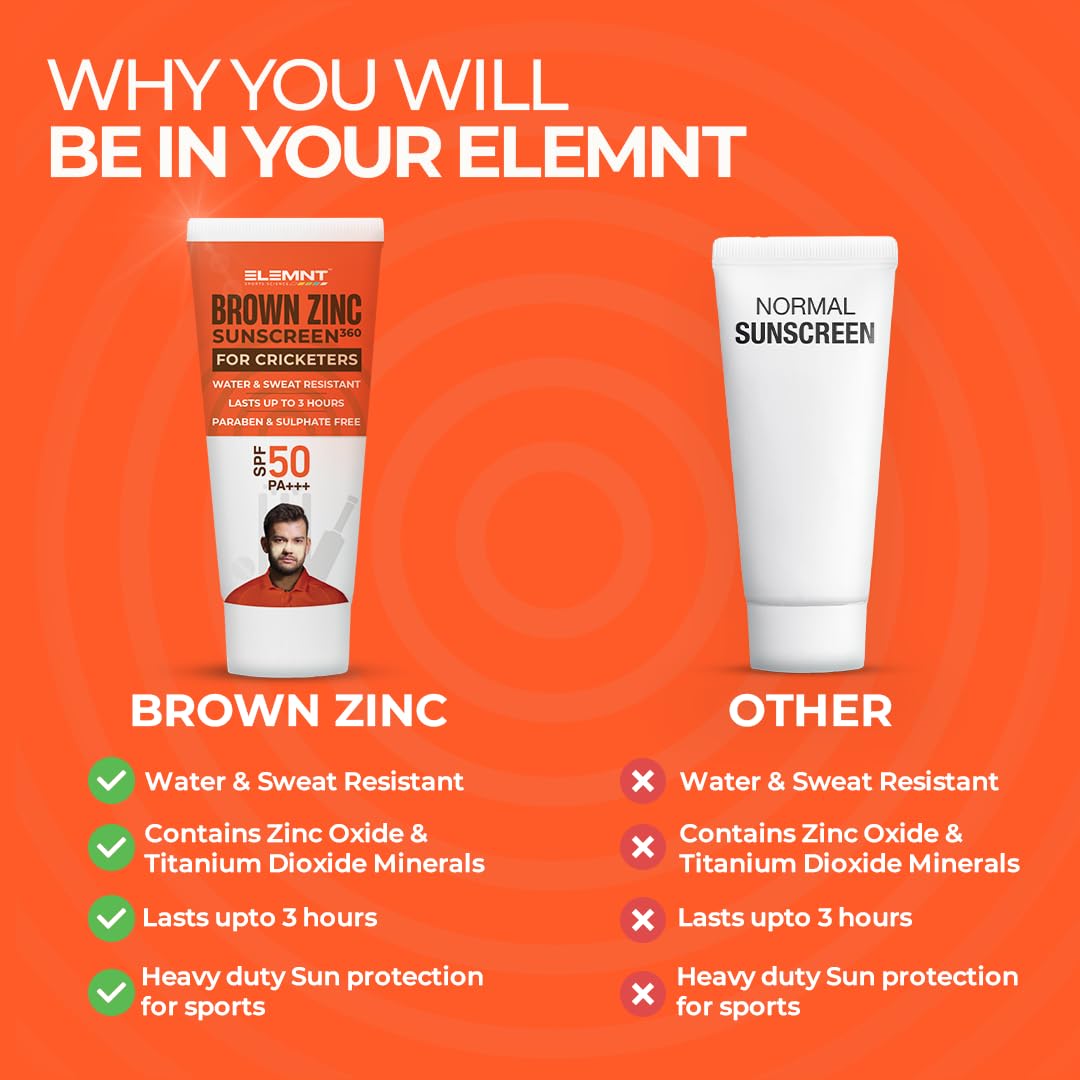 Elemnt Brown Zinc Sunscreen for Cricketers | SPF 50 Zinc Suncream, Broad Spectrum PA+++ with Aloe Vera | Formulated For Heavy Sun Exposure | Water Resistant Sunscreen for Cricketers & Sports| Men & Women | 50+50 GM