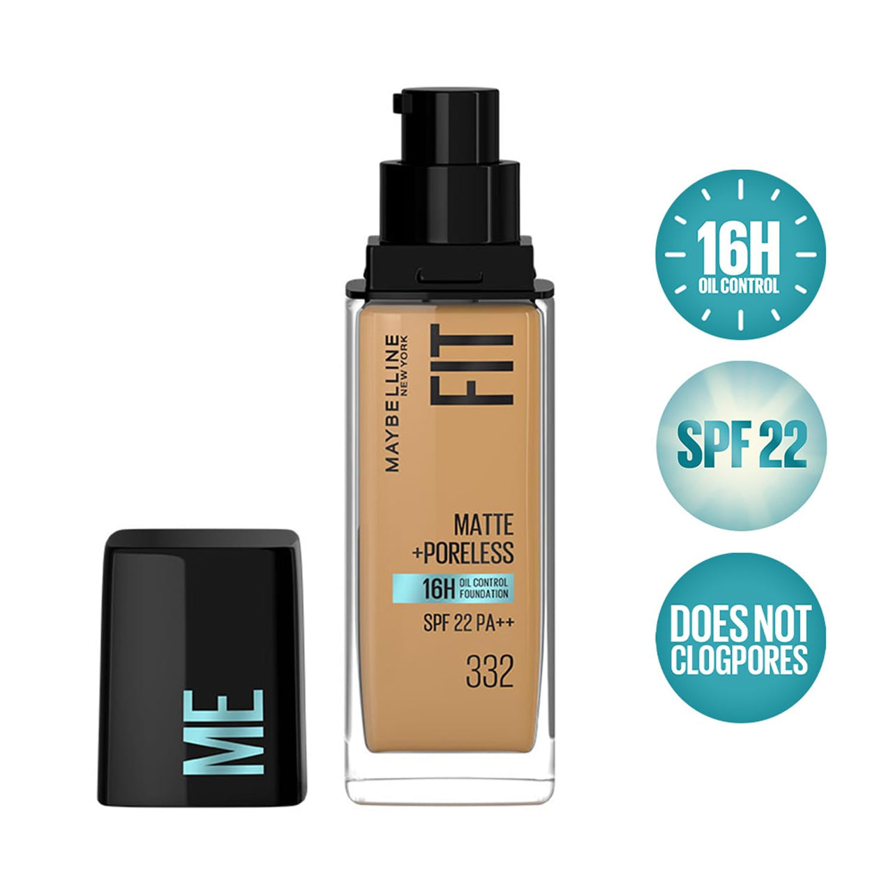 Maybelline New York Liquid Foundation, Matte Finish, With SPF, Absorbs Oil, Fit Me Matte + Poreless, 332 Golden Caramel, 30ml