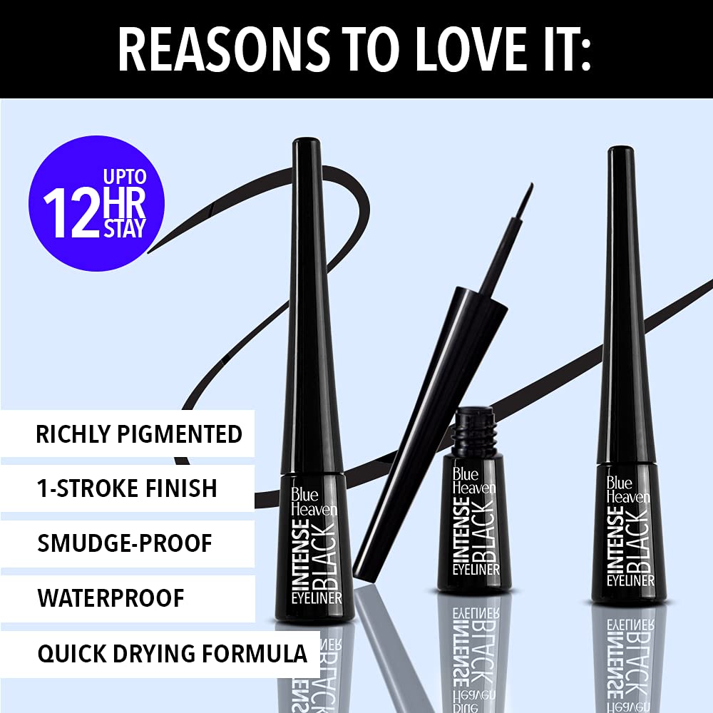 Blue Heaven Intense Black Eyeliner Glide-On | Waterproof Smudge Proof, Long lasting One Stroke Finish Liquid Eyeliner, 4ml
