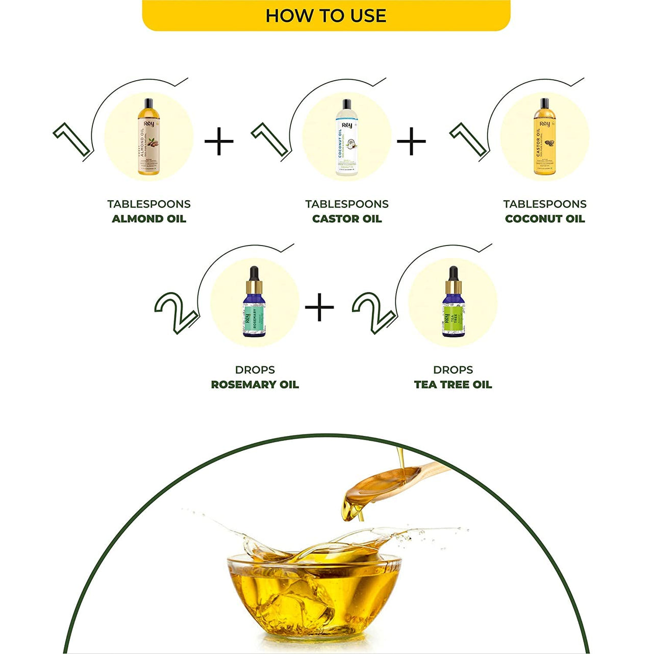 Rey Naturals Complete Hair Care Kit- Castor Oil+Coconut Oil+Almond Oil+Rosemary Oil+Teatree Oil