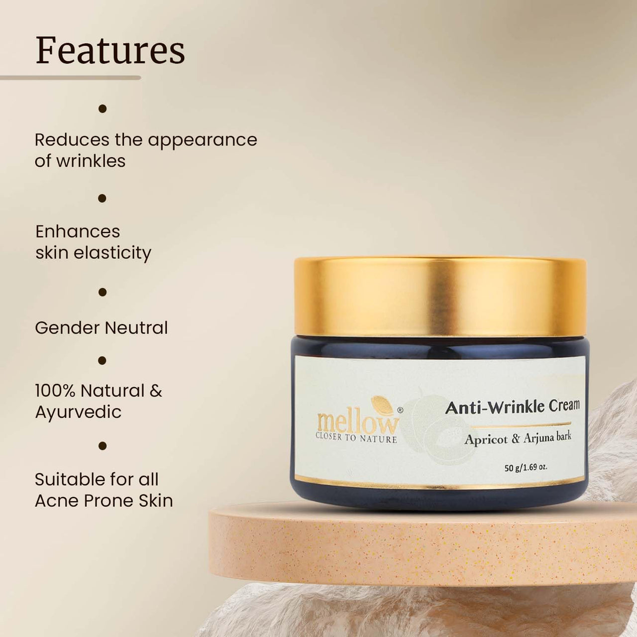 Mellow Herbal Anti-Wrinkle Face Cream with Babachi Ark & Arjuna Bark | Ayurvedic Anti-Aging Moisturizer | Hydrating, Firming & Wrinkle-Reducing Formula | Paraben-Free & Ayush Certified | 50gm