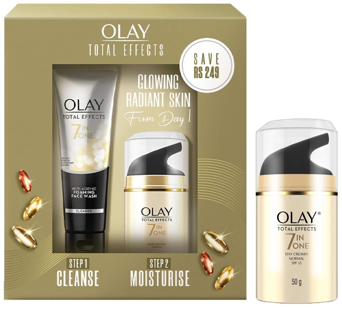 Olay Total Effect Day Cream (Spf 15), 50g & Cleanser Pack For Anti Ageing, 100g & Olay Total Effects Day Cream With Vitamin B5, Niacinamide, Green Tea, Spf 15, 50 Gm