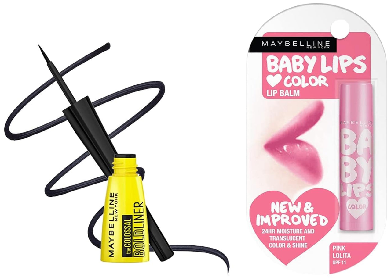 Maybelline New York Colossal Bold Eyeliner, Black, 3G And New York Baby Lips Glossy Lip Balm, Pink Lolita, 4G