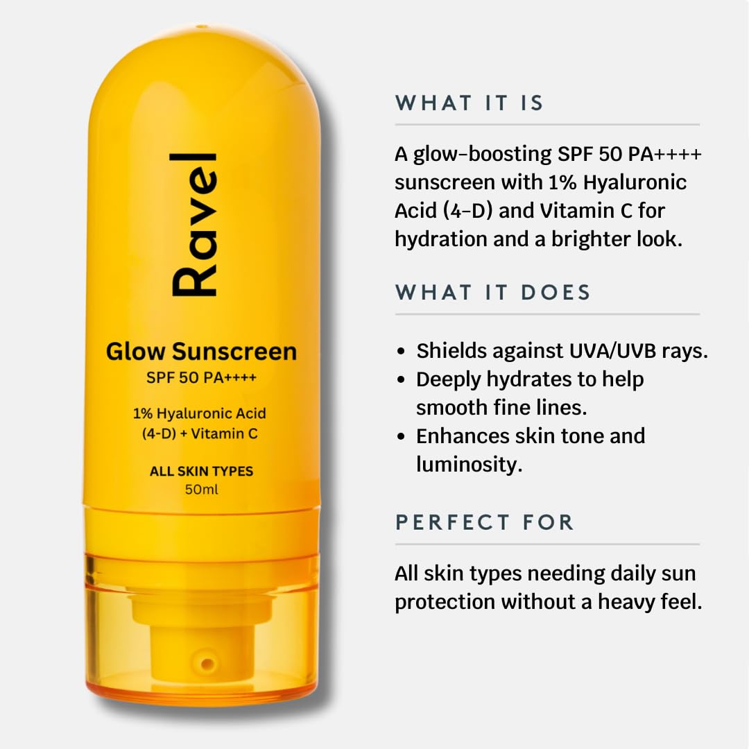 Ravel Ultra-Light Sunscreen SPF 50 for oily skin | 1% Hyaluronic + Vitamin C SPF 50 PA++++ | Sunscreen SPF 50 for combination skin | Blue Light Protection | Non-Greasy, No White Cast | 50ml for Dry & Acne-prone Skin