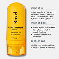 Ravel Ultra-Light Sunscreen SPF 50 for oily skin | 1% Hyaluronic + Vitamin C SPF 50 PA++++ | Sunscreen SPF 50 for combination skin | Blue Light Protection | Non-Greasy, No White Cast | 50ml for Dry & Acne-prone Skin