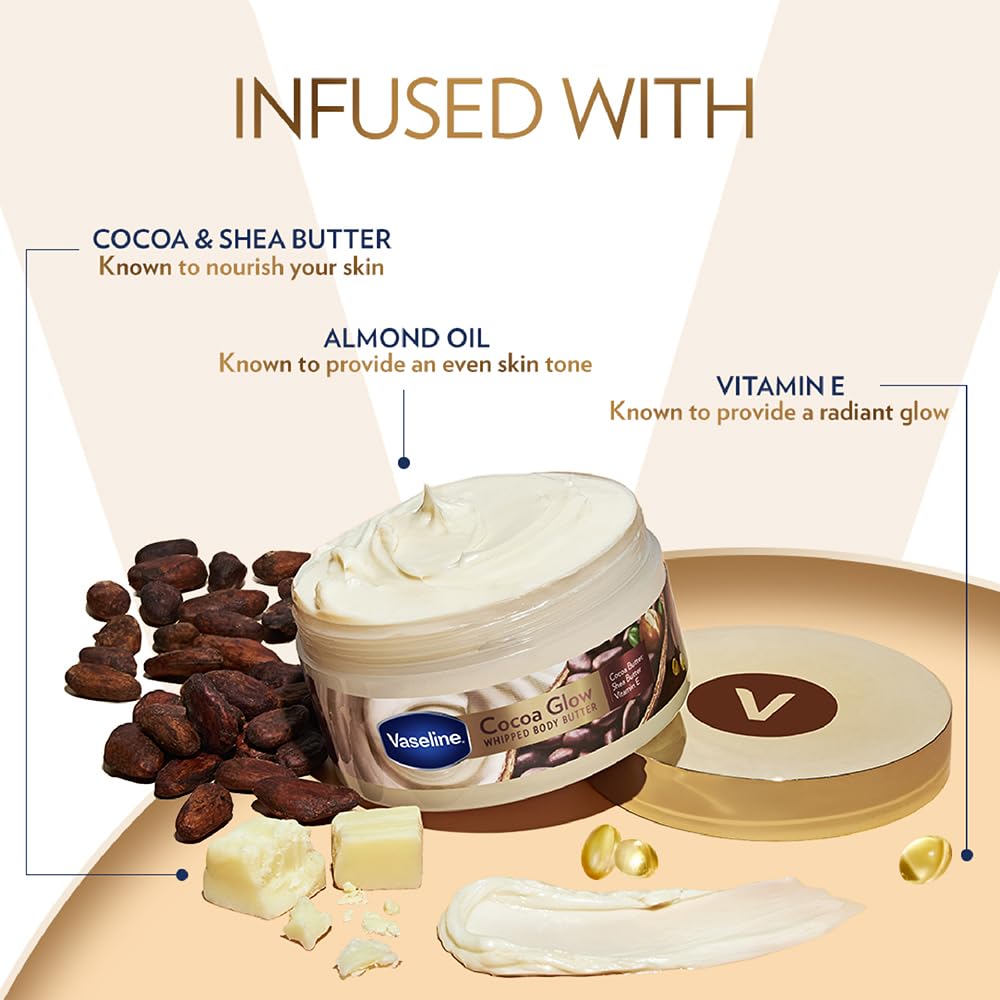 Vaseline Cocoa Glow Whipped Body Butter, 180 g. Cocoa & Shea Butter for Glowing Soft Skin