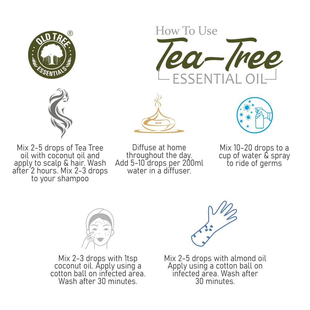 Old Tree Pure & Natural Tea Tree Essential Oil (15ml) - for Skin, Diffusers, Hair, Body, Acne, Nail care - Undiluted Essential Oil with Dropper for Aroma Therapy and Stress Relief