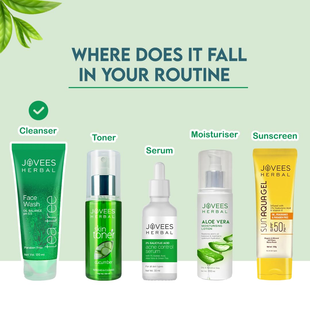 Jovees Herbal Tea Tree Oil Control Face Wash for Oily & Sensitive Skin | Paraben & Alcohol-Free, Controls Oil, Prevents Breakouts, Remove Dead Skin | Gentle Cleanser For All Skin Types - 120ml