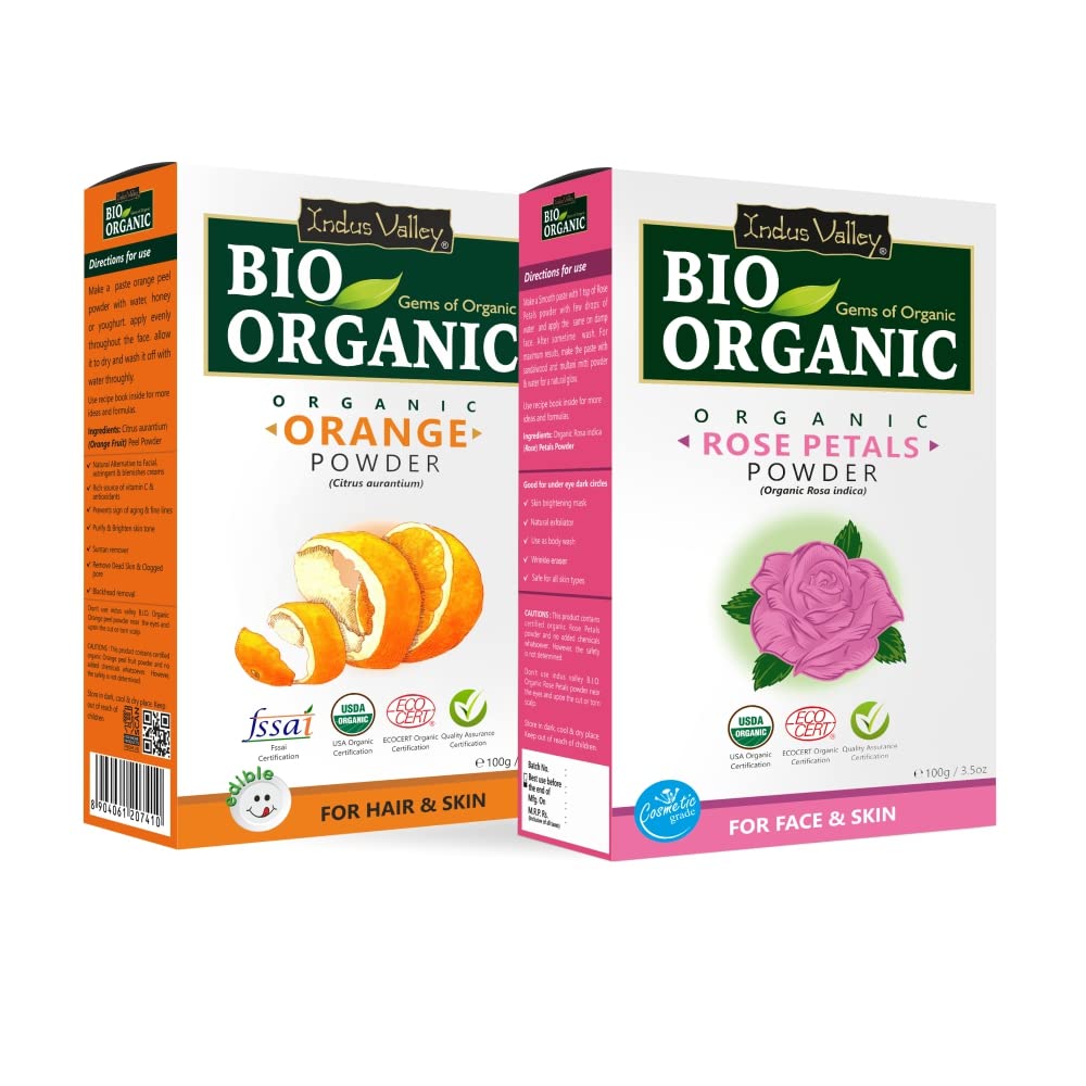 INDUS VALLEY Bio Organic Natural and Pure Rose Petals Powder with Orange Fruit Peel Powder for Skin Care - (100g +100g=200g) Combo
