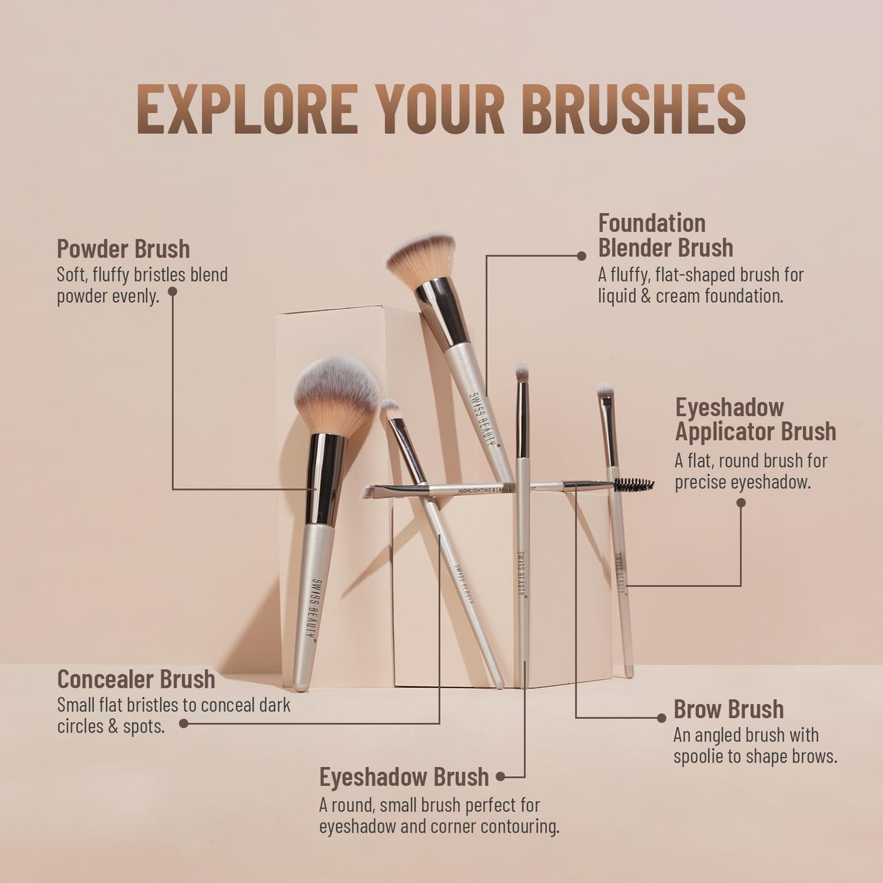 Swiss Beauty Professional Face & Eye Brush Set of 6 with Synthetic Fibres and Easy Blending For Cream, Liquid & Powder Formulation