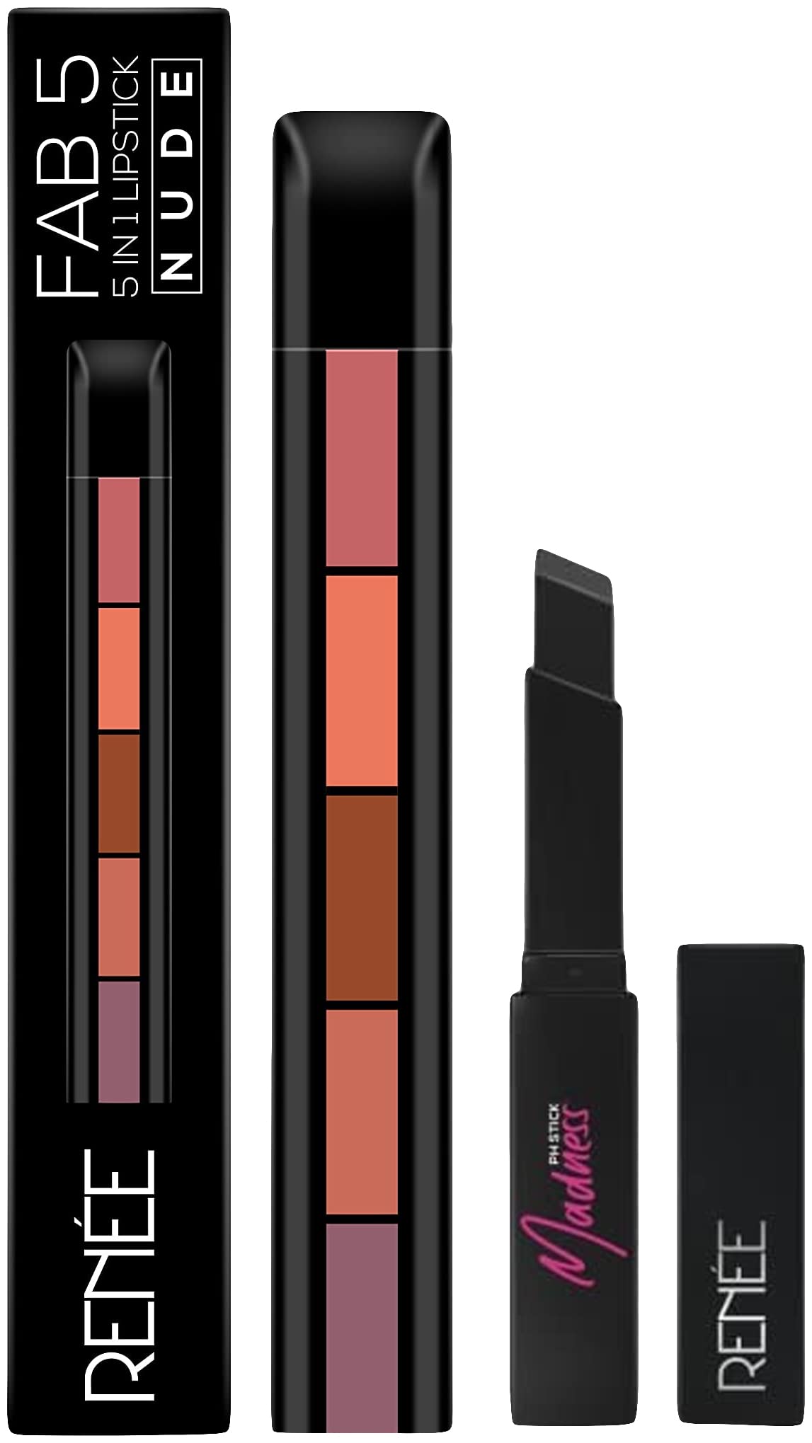 RENEE Fab 5 (5-In-1 Matte Lipstick) (Fab5 Nude) & Madness Ph Stick, 3G | Black Matte Lipstick That Delivers Pink Hue, Enriched With Vitamin E And Jojoba Oil